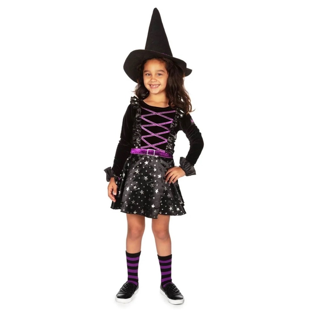Tipsy Elves Girls Witch Costume XL Black Purple Star Velour Dress Hat Socks NEW